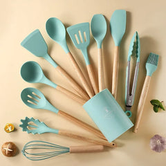 12Pcs/Set Wooden Handle Silicone Kitchen Utensils